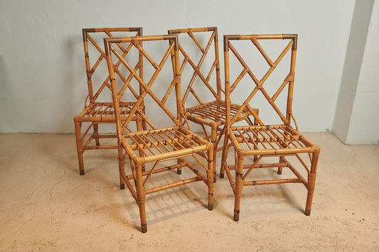 Conjunto de cuatro sillas de bambú estilo mediterráneo vintage